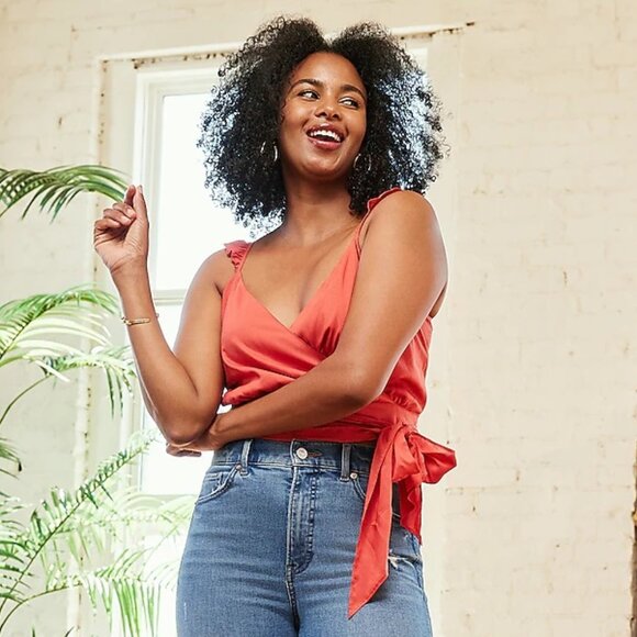 Express Baked Apple Wrap Front Ruffle Strap Tie Front Cami SZ L - Picture 1 of 8